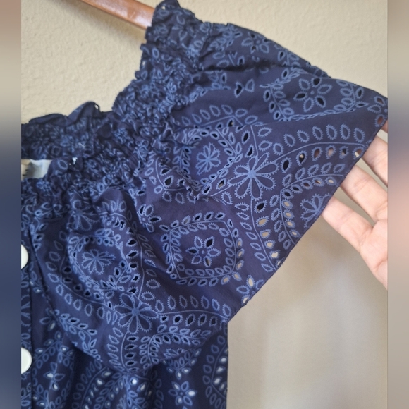 Zara Navy Eyelet Off The Shoulder Button Front Mini Dress Womens Size M - Picture 3 of 7